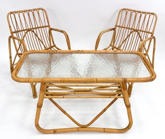 MID-CENTURY BAMBOO & RATTAN ARMCHAIRS WITH TABLE