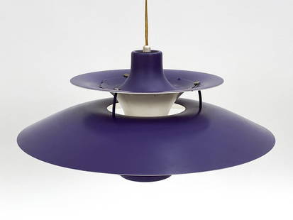 POUL HENNINGSEN DANISH PH5 PENDANT LIGHT C. 1960S: For Louis Poulsen. Metal shades in purple tone. Apparently untagged. Dimensions: H 11" x Dia. 25". Condition: Wiring untested. Few minor scuffs to shades. Wear consistent with age and use.