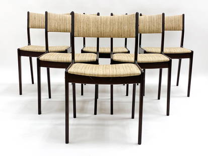 (6) JOHANNES ANDERSEN BEECH DINING CHAIRS C. 1970S: For Uldum Mobelfabrik, designed by Johannes Andersen. Teak with wool upholstered seats. Tagged underneath. Denmark, circa 1970s. Dimensions: H 31" x W 18" x D 17" x SH 18". Condition: Very minor scuff