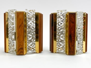 PAIR SCANDINAVIAN BRASS, ROSEWOOD, & GLASS SCONCES