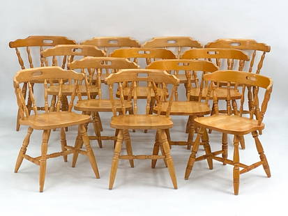 (12) DANISH MAPLE DINING CHAIRS: 12 Danish maple wood chairs. Dimensions: H 29" x W 22" x D 17" x SH 17" Condition: Some minor scratches and imperfections on all surfaces. In good condition overall.
