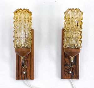 PAIR ROSEWOOD & GLASS WALL SCONCES C. 1960S