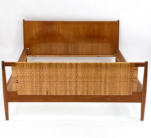 MID-CENTURY DANISH TEAK & RATTAN BED FRAME