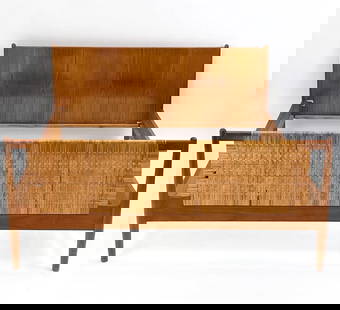 MID-CENTURY DANISH TEAK & RATTAN BED FRAME: Teak headboard and rattan footboard panel full size bed frame. Dimensions: L 77? x W 61? x H 33? x F 27? x Rail H 14.5? x D 75.5? x 59.5? Condition: Wear consistent with age and use. No slats. Scratch