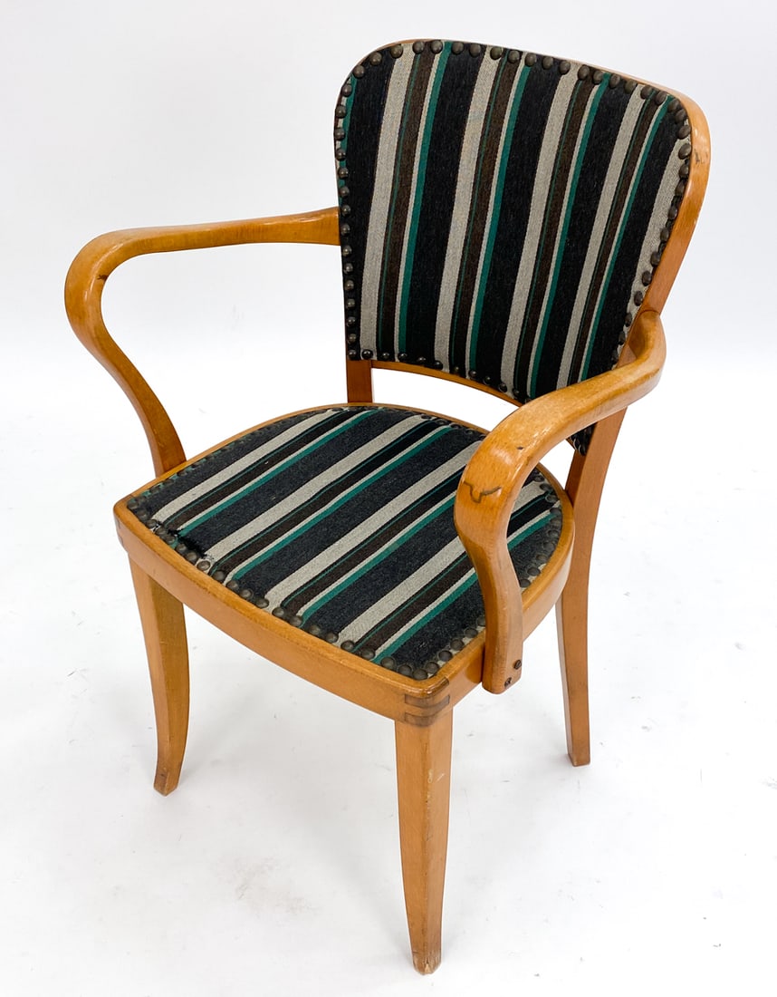 FISCHEL MID-CENTURY CZECH OAK ARM CHAIR: Tacked detail with striped upholstered seat and backrest. Features dovetail joinery and curved armrests. Marked "Fischel Importe de Tchecoslovaquie/ Made in the Czech" on the underside. Dimensions: H