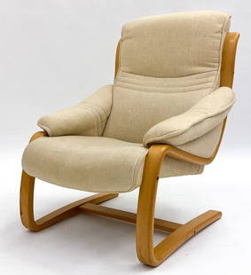 DANISH BEECH & WOOL BENTWOOD EASY CHAIR C. 1970S: Beech bentwood frame with wool upholstery. Denmark, circa 1970s. Dimensions: H 39.5" x W 30" x D 28" x SH 16.5". Condition: Few faint spots of discoloration to wool. Minor scuffs to frame. Wear consis