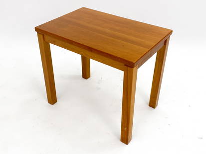 GANGSO DANISH TEAK SIDE TABLE: Teak veneer, Marked "Gangso Made in Denmark" on the underside. Dimensions: H 20.50" x W 23.50" x D 15.5" Condition: Wear consistent with age and use. Minor nicks, dings, scratches and soling.
