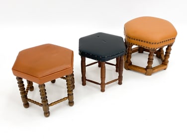(3) DANISH OAK & LEATHER FOOT STOOL OTTOMANS