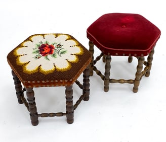 (2) DANISH TURNED LEG FOOT STOOL OTTOMANS