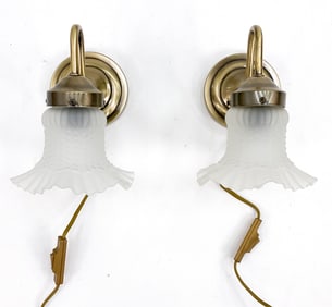 PAIR VINTAGE BRASS & GLASS SCONCES
