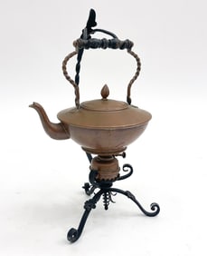 ANTIQUE COPPER & WROUGHT IRON TEAPOT W/ STAND