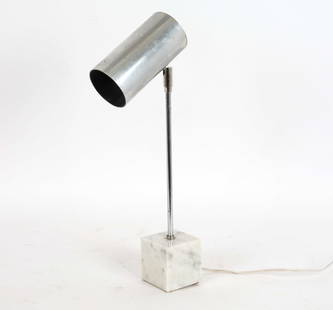 SONNEMAN GEORGE KOVACS CHROME & MARBLE DESK LAMP: Attributed to Robert Sonneman for George Kovacs. Chrome steel lamp affixed to white marble base. Adjustable positions for shade. Mid 20th century. Dimensions: H 17" x W 6" x D 3". Condition: Showing s