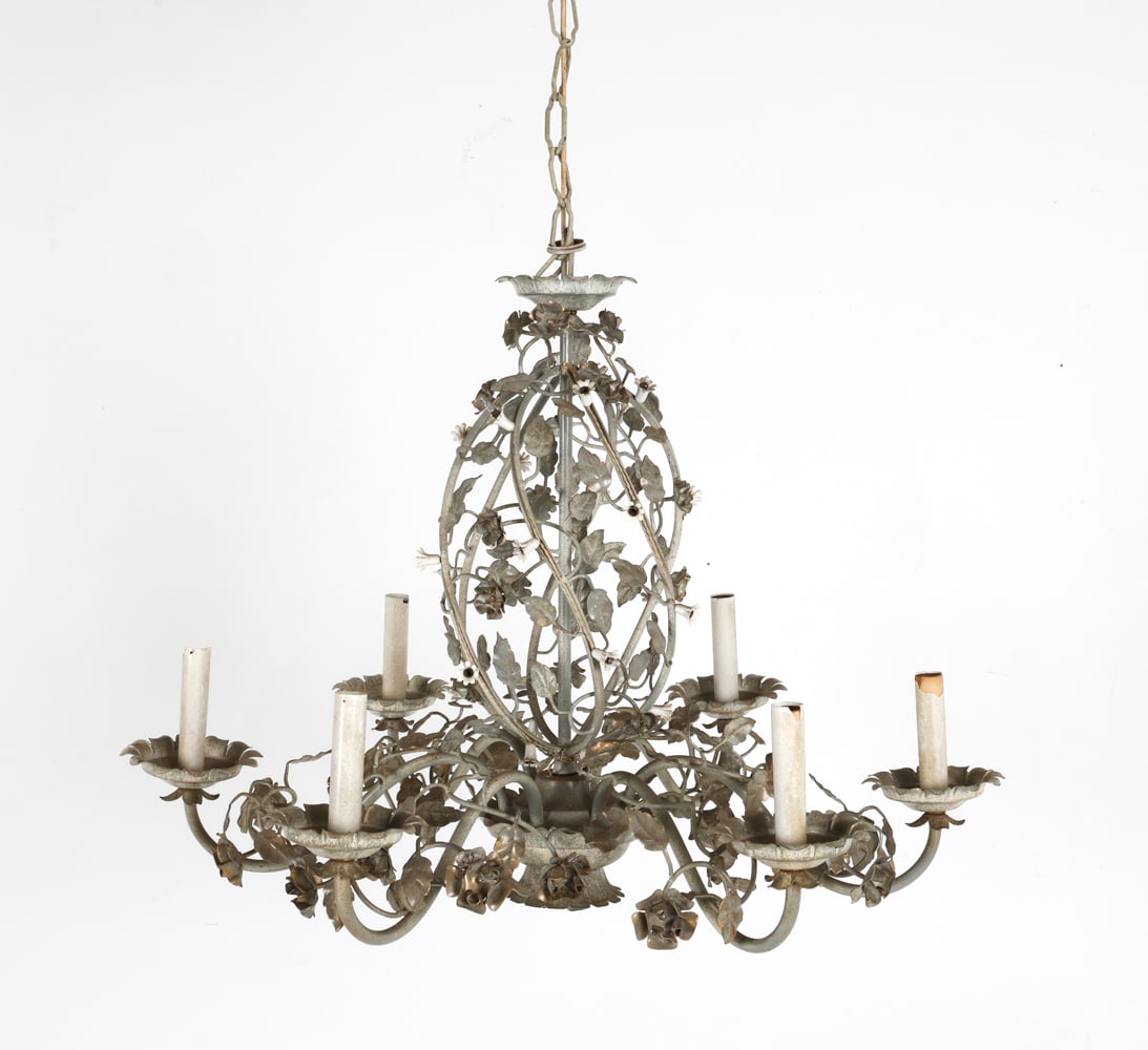 VINTAGE TOLE CHANDELIER: Dimensions: H 20" x Dia. 27". Condition: Distressed finish. Wiring untested. Few missing elements. oxidation to finish.