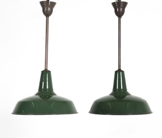 PAIR INDUSTRIAL GREEN ENAMEL PENDANT LIGHTS