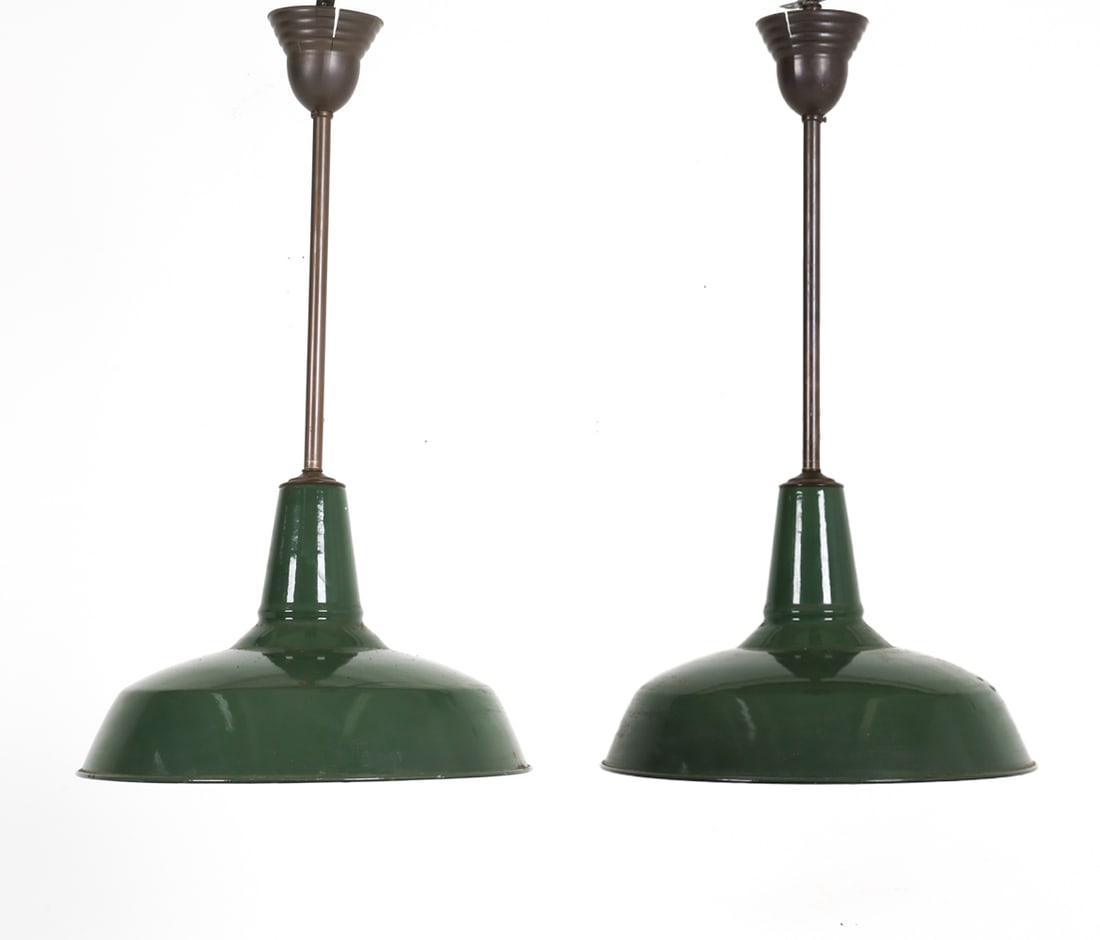 PAIR INDUSTRIAL GREEN ENAMEL PENDANT LIGHTS: Dimensions: H 17" x Dia. 16.5". Condition: Wiring untested. Few oxidation spots. Few cracks to canopy. Wear consistent with age and use.
