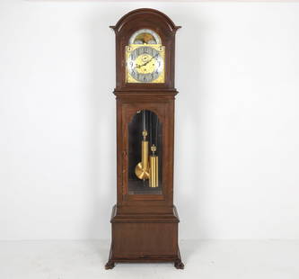 ANTIQUE MAHOGANY TALL CASE CLOCK BRASS WORKS: Mahogany tall case clock with brass face and works. George Doubleday marked to front. Early 20th century. Dimensions: H 90" x W 22.5" x D 14.5". Condition: Time keeping untested. No bottom to interior