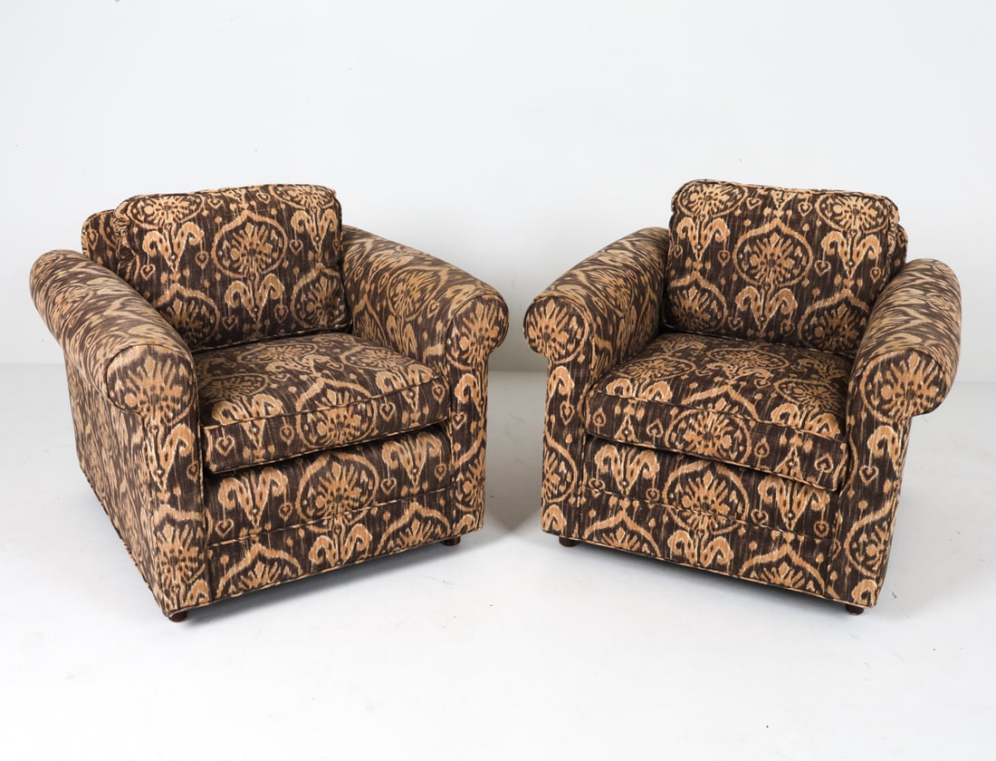 PAIR OF CONTEMPORARY DOWN FILLED LOUNGE CHAIRS: With patterned down filled upholstery. Dimensions: H 28.5" x W 35" x D 33.5", SH 18" Condition: Rubbing and thinning to upholstery on armrests. Wear consistent with age and use.
