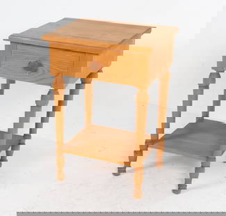VINTAGE PINE SIDE TABLE: Dimensions: H 26" x W 18" x D 14.75" Condition: Moderate water marks and surface blemishes. Scattered scratches and nicks. Wear consistent with age and use.