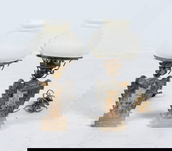 (2) CARVED ALABASTER EAGLE DESK LAMPS: Sculptural lamps with eagle form on base, brass fixture with milk white glass shades. Mid 20th century. Dimensions: H 17" x Dia. 8.25". Condition: Shades do not fit into brass holders, brass is slight