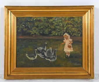 20TH C. O/C GIRL WITH DUCKS