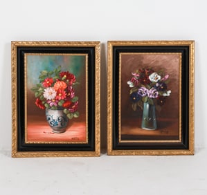 PAIR SCANDINAVIAN FLORAL STILL LIFE O/C PAINTINGS