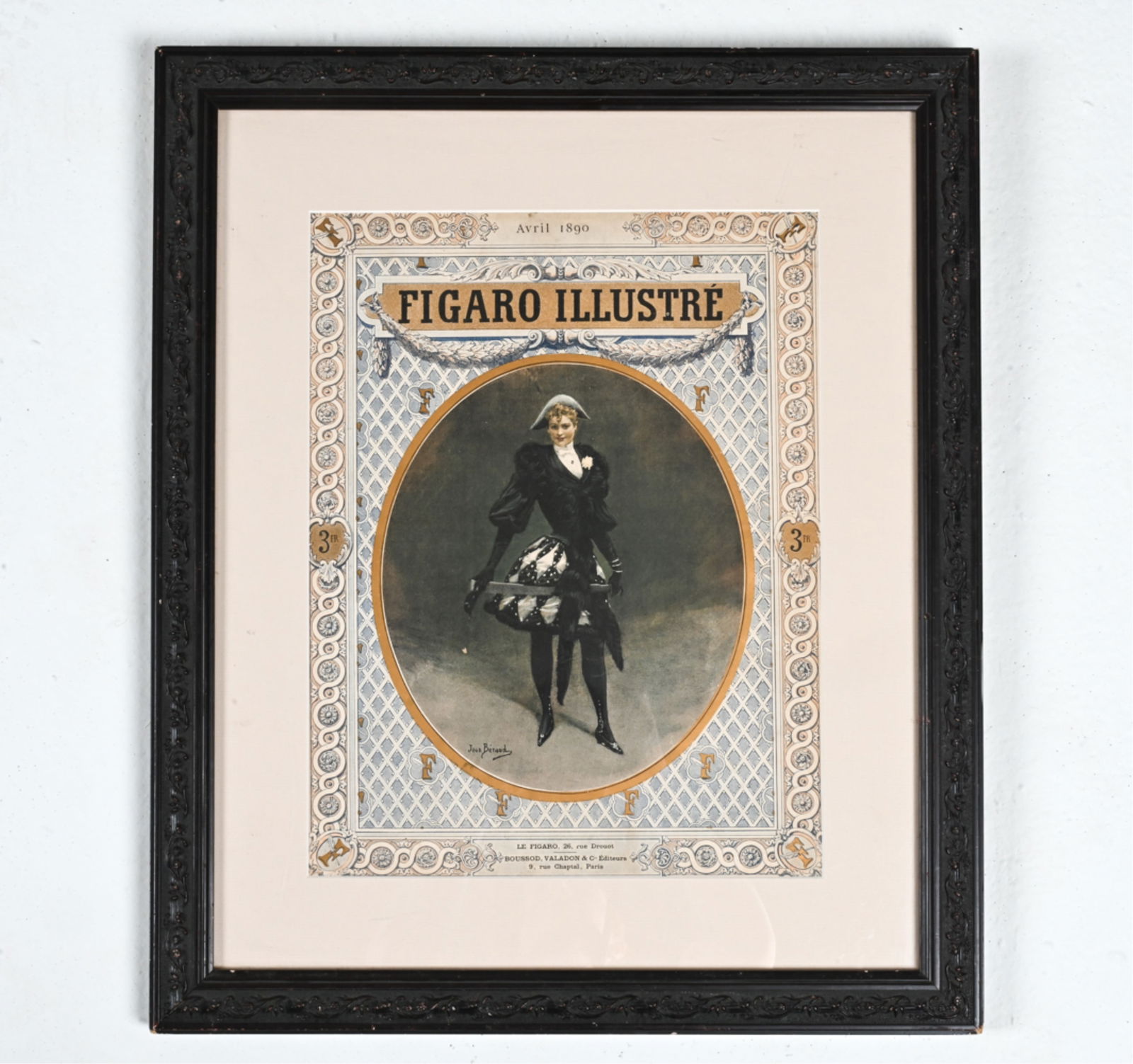 AFTER JEAN BERAUD REPRO FRENCH MAGAZINE COVER: Offset lithograph with metallic gold accents. Reproduction of an 1890 cover for "Figaro Illustre", illustrated by Jean Beraud. Dimensions: (Frame) H 23.5" x W 19.5" ; (Sight) H 15.5" x W 12" Condition