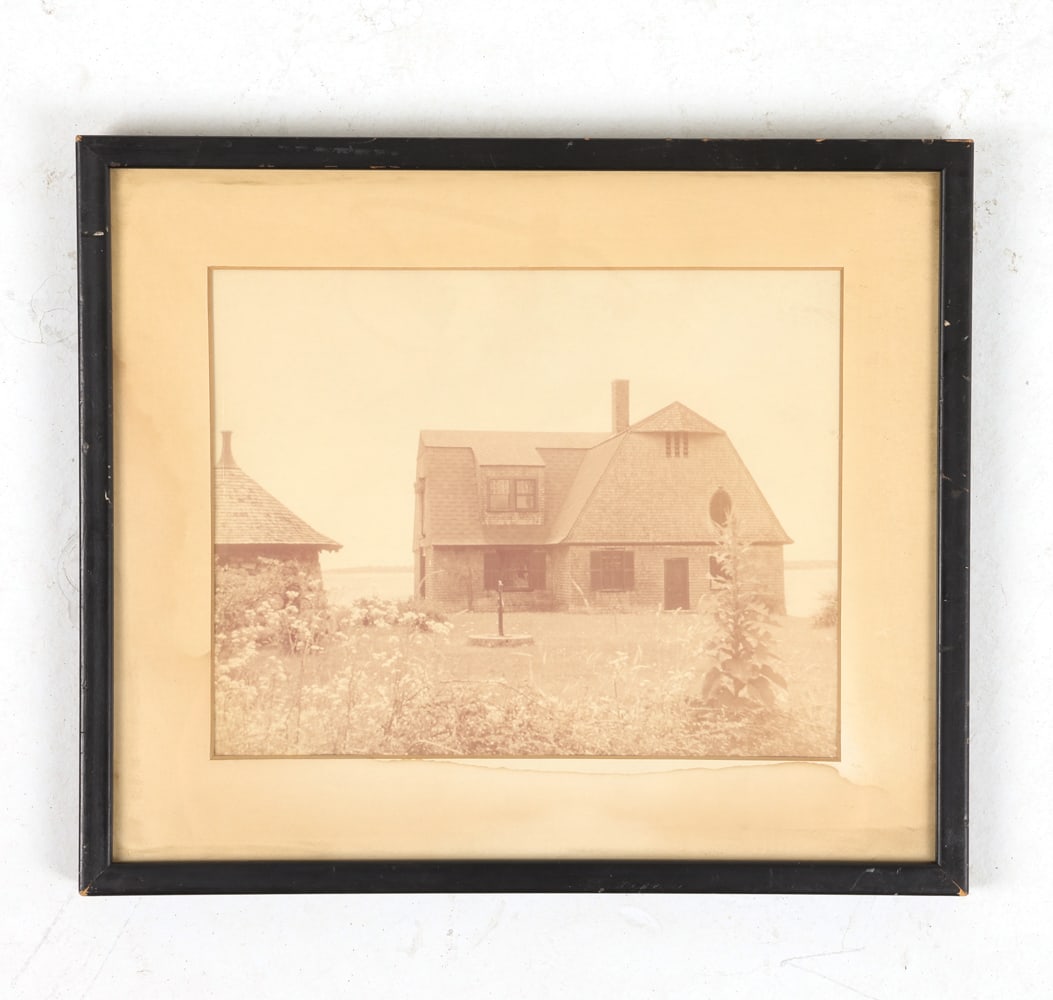 19TH C. FARMHOUSE LANDSCAPE PHOTOGRAPH: Photograph in sepia tone. Depicting a farmhouse within grass lands. Frame: H11.25" x W 13.25" Sight: H 7.5" x W 9.5" Condition; Moderate water stains to mat board. Slight creases to photo edges. Nicks