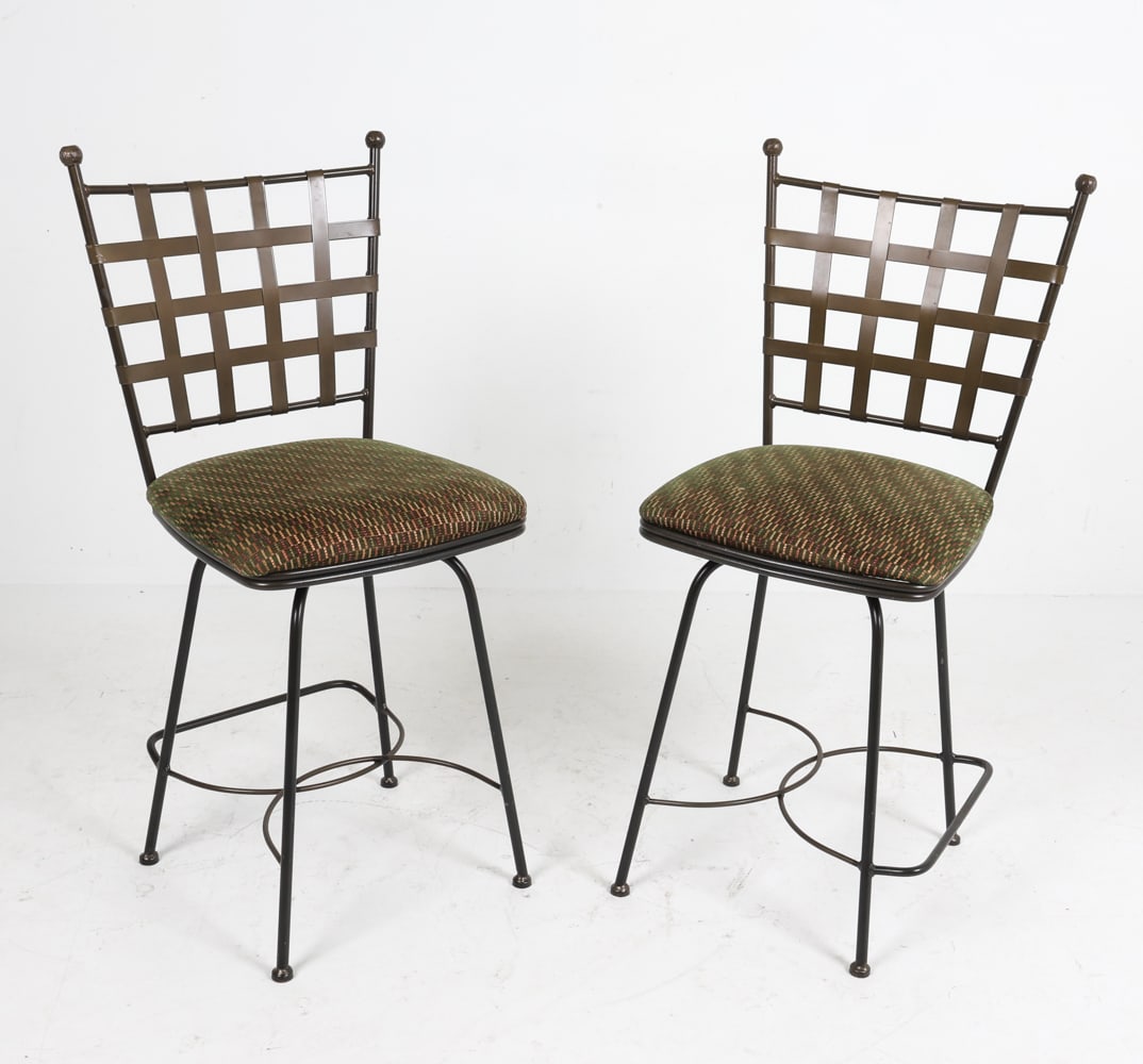 CONTEMPORARY IRON STOOLS: In the manner of Mario Papperzini. Slat backs with swivel bases. Dimensions: H 41" x W 19.5" x D 15.25", SH 23" Condition: Bases may require reconfiguration . Presents well overall.