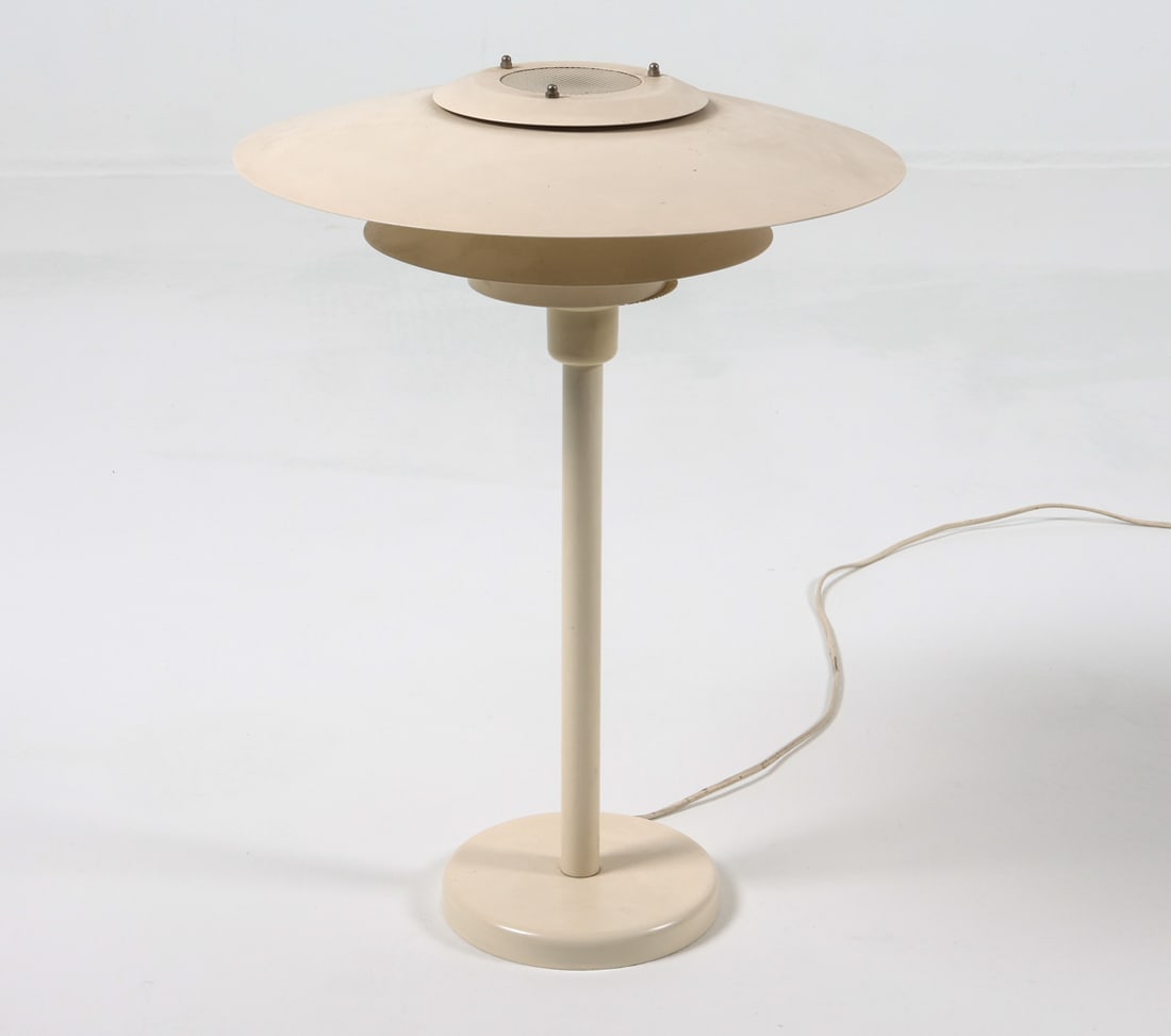 SIMON HENNINGSEN DANISH TABLE LAMP C. 1960S: Dimensions: H 21" x Dia 16" Condition: Scattered scuffs and dings to shade and post. Cut wire. Untested. Wear consistent with age and use.