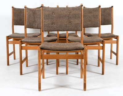 (6) KURT OSTERVIG DANISH OAK DINING CHAIRS 1970S: For KP Mobler. Oak ladder-back dining chairs with fabric cushions. Tagged under seats. Cushions are attached with leather straps. Denmark, circa 1970s. Dimensions: H 36.25" x W 20" x D 19" x SH 18". C