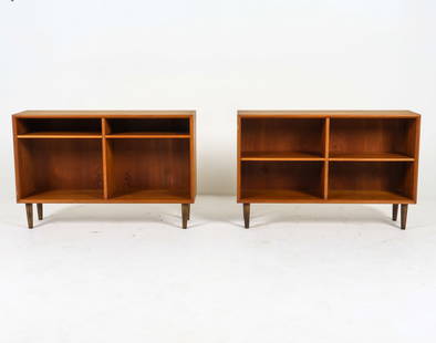 PAIR OF DANISH TEAK BOOKCASES C. 1960S: Adjustable shelves. Dimensions: H 26" x W 39.25" x D 11" Condition: Slight scuffs and scratches. Presents well overall.