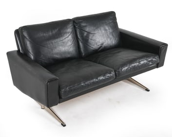 MID-CENTURY SCANDINAVIAN BLACK LEATHER LOVE SEAT