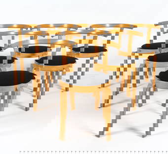 (6) MAGNUS OLESEN SERIES 8000 BEECH CHAIRS: Designed by Rud Thygesen & Johnny Sorensen. Labels to undersides. Beech with black-tone wool upholstery. Dimensions: H 28" x W 21" x D 17.5", SH 18" Condition: Scattered scuffs and surface marks. Some