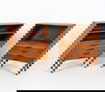 PAIR VEJLE STOLE DANISH TEAK BOOKSHELF CHESTS: Stamped to backsides. Dimensions: H 31.5" x W 23.25" x D 11.25" Condition: Nicks and scuffs to edges. Wear consistent with age and use.