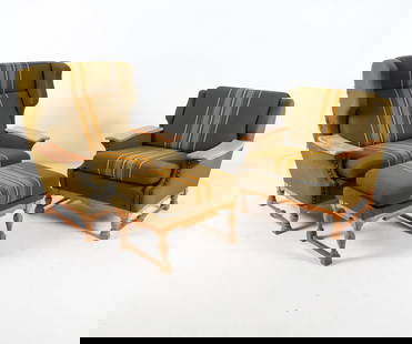 KJAERNULF STYLE DANISH OAK LOUNGE CHAIRS: Denmark, circa 1970s. His and hers with matching ottoman. Oak armrests. Carved legs and scalloped aprons. Green-tone wool upholstery and cushions with tack edges. Dimensions: (largest) H 39" x W 35" x