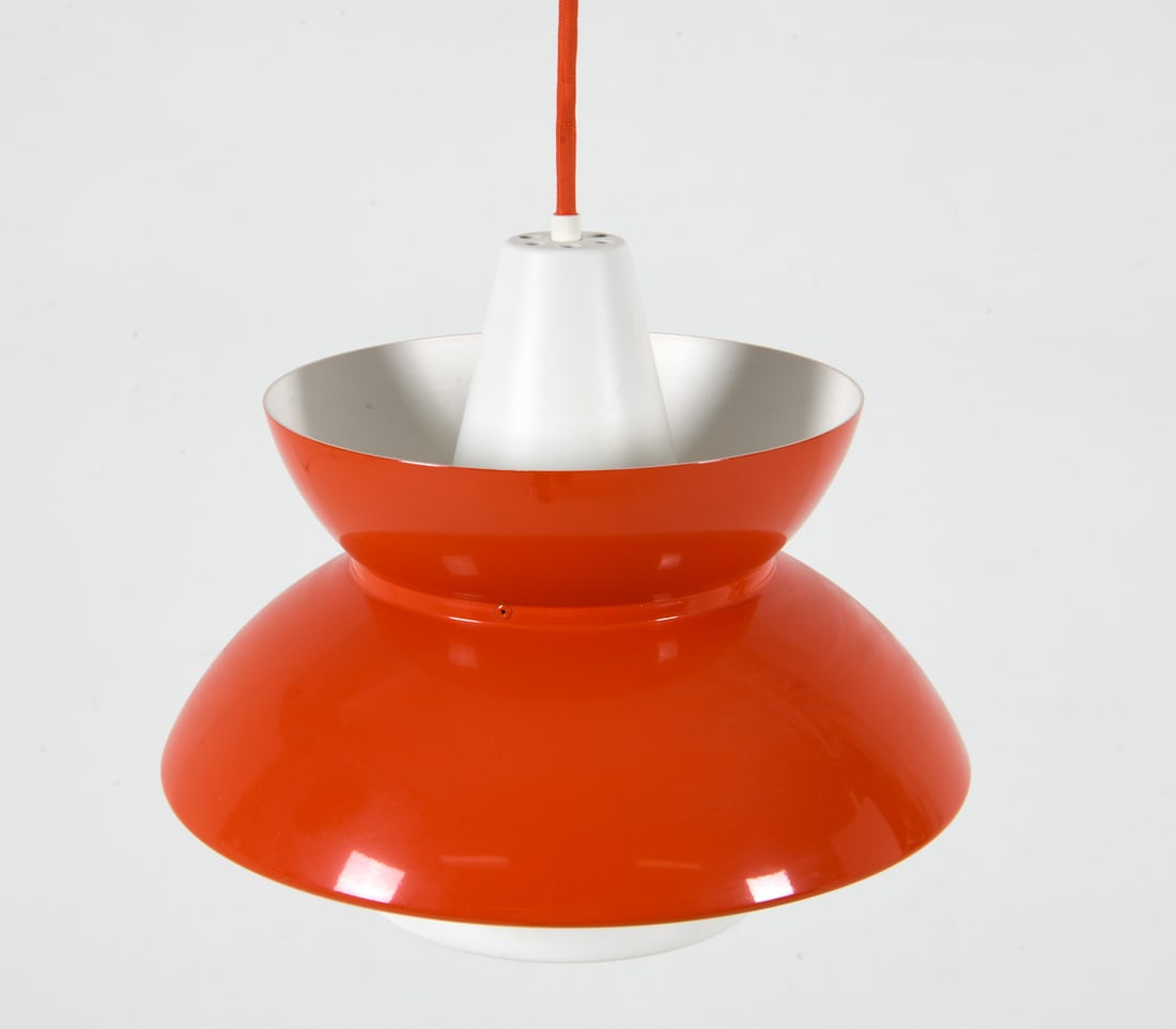 LOUIS POULSEN DOO-WOP PENDANT LIGHT C. 1970S: Label to socket. Orange-tone metal shade. Dimensions: H 10" x Dia 10.5" Condition: Light scuffs to metal. Untested. Presents well overall.