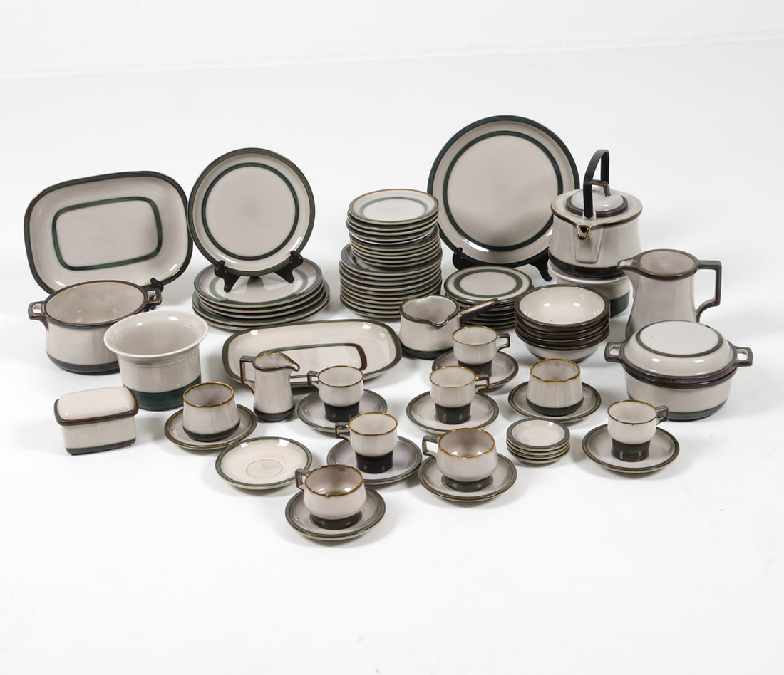 B&G TEMA STONEWARE SERVICE GROUPING: Stamped to undersides. Includes kettle, pitcher, (2) pots, sugar bowl, (2) serving trays, (5) tea cups, (4) trivets. (4) bowls. (8) Saucers (10) small plates (1) entree plate, (2) appetizer plates (3)
