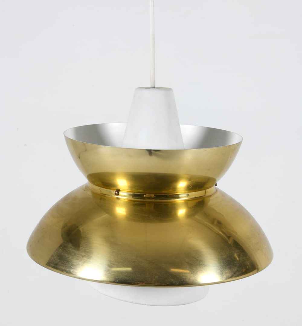 LOUIS POULSEN DOO-WOP PENDANT LIGHT C. 1970S: Label to inner socket. Gold-tone metal. Dimensions: H 10" x Dia 10.5" Condition: Light scattered scratches to surface. Untested. Wear consistent with age and use.