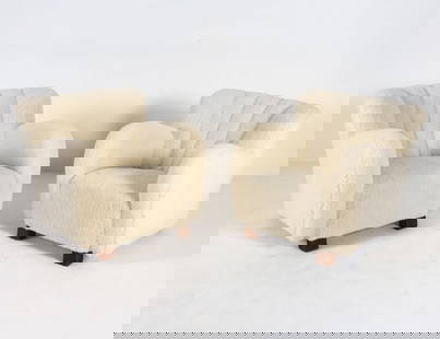 PAIR FLEMMING LASSEN STYLE LAMBSWOOL LOUNGE CHAIRS: White-tone lambswool upholstery. Dimensions: H 28.5" x W 21" x D 29", SH 16" Condition: Scuffs and nicks to wood legs. Slight odor to upholstery. Presents well overall.