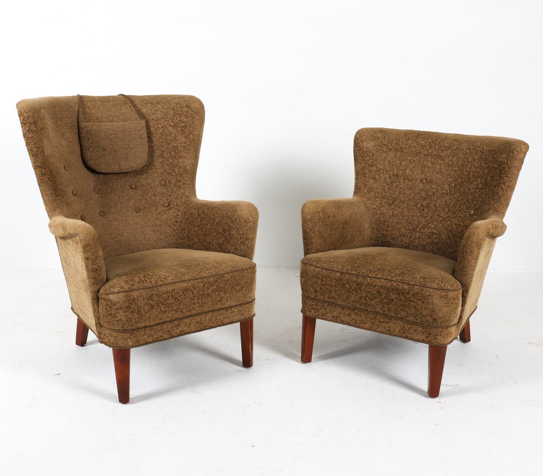 FRITS HENNINGSEN STYLE DANISH LOUNGE CHAIRS: His and hers in brown-tone wool upholstery. Dimensions; (Largest) H 38" x W 30" x D 26", SH 17" Condition: Moderate scuffs and thinning to upholstery throughout both chairs. Wear consistent with age a