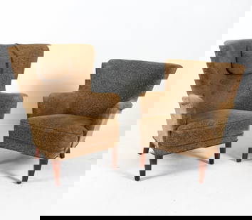 FRITS HENNINGSEN STYLE DANISH LOUNGE CHAIRS: His and hers in brown-tone wool upholstery. Dimensions; (Largest) H 38" x W 30" x D 26", SH 17" Condition: Moderate scuffs and thinning to upholstery throughout both chairs. Wear consistent with age a