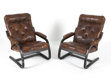 PAIR SCANDINAVIAN PATCHWORK LEATHER LOUNGE CHAIRS