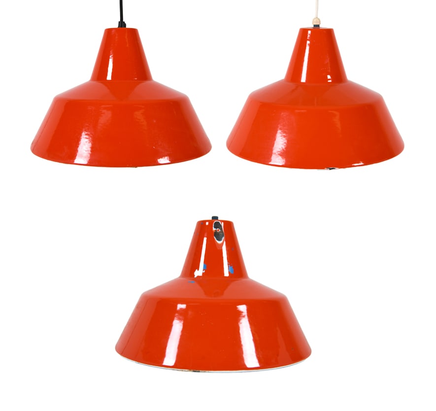 (3) LOUIS POULSEN DANISH ENAMEL PENDANT LIGHTS: (3) Label to interiors. Orange-tone enamel Dimensions: H 10.25" x Dia 14" Condition: Moderate scuffs and loss to enamel. Others with scattered scuffs, marks and dings. One light without wiring. Untest