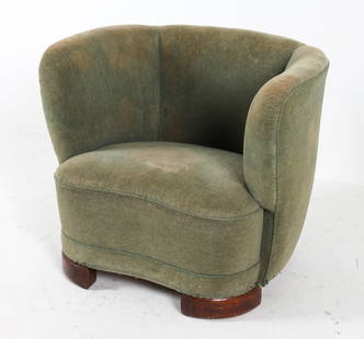 MANNER OF BOESEN DANISH MOHAIR LOUNGE CHAIR: Circa 1940s. Green-tone mohair upholstery. Dimensions: H 27" x W 30.75" x D 28", SH 14" Condition: Moderate fading and thinning to seat and armrest upholstery. Scuffs and nicks to wood legs. Wear cons