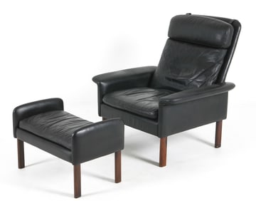 HANS OLSEN STYLE LEATHER LOUNGE CHAIR & OTTOMAN