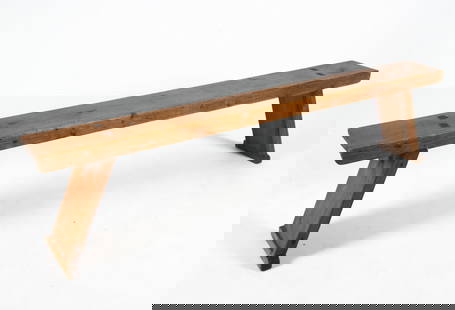 SWEDISH RUSTIC TENNONED PINE BENCH: Dimensions: H 20.5" x W 87" x D 11.25" Condition: Faint scattered marks and scuffs. Few worm holes (not active) Moderate rubbing and nicks to edges. Wear consistent with age and use.