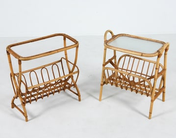 PAIR OF SCANDINAVIAN BAMBOO & GLASS END TABLES