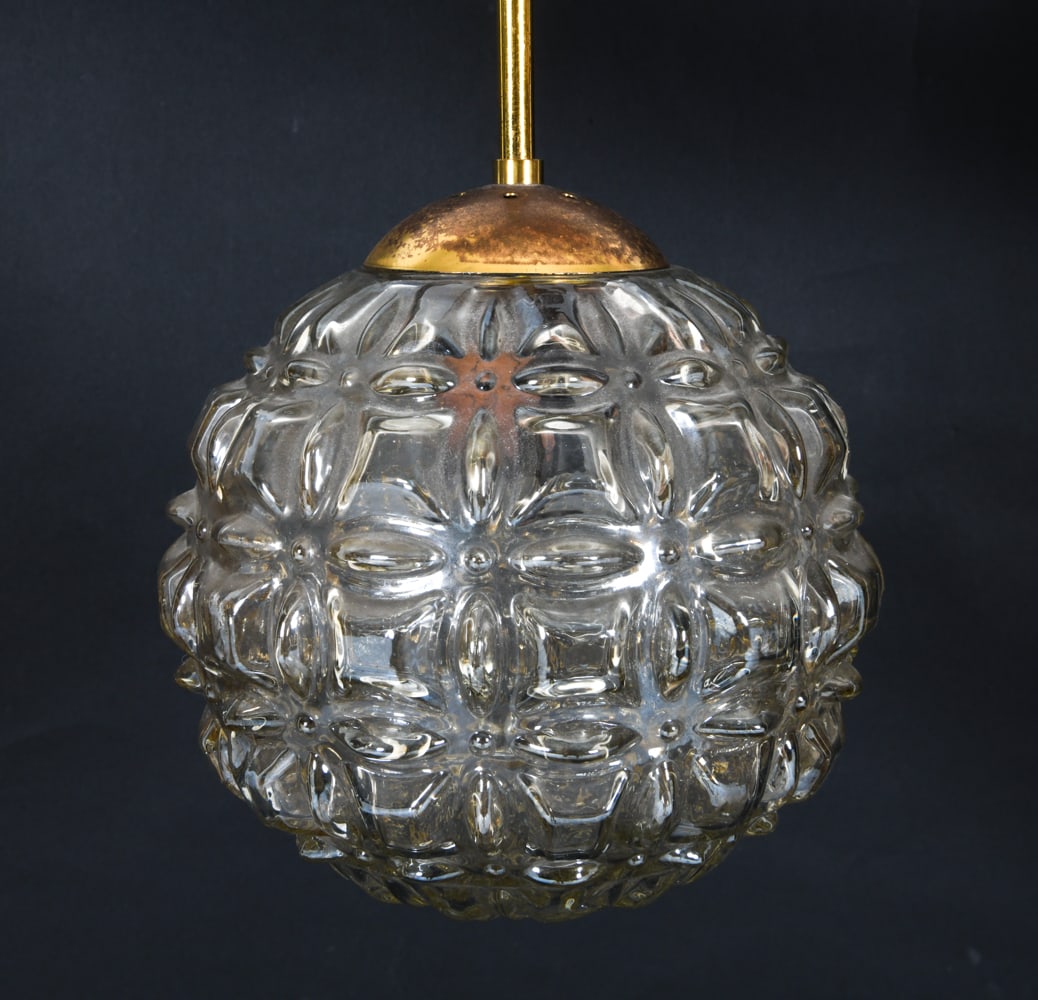 SCANDINAVIAN MID-CENTURY GLASS PENDANT LIGHT: Circa 1960s. Textured glass dome shade. Dimensions: H 15" x Dia 7.5" Condition: Slight surface soiling to interior. Tarnishing to brass. Untested. Wear consistent with age and use.