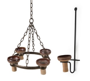 DANISH IRON & CERAMIC SCONCE & CHANDALIER C. 1970S