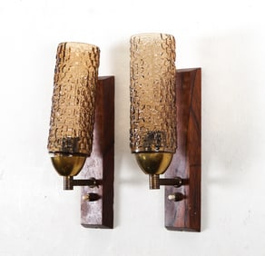 PAIR DANISH ROSEWOOD & GLASS WALL SCONCES